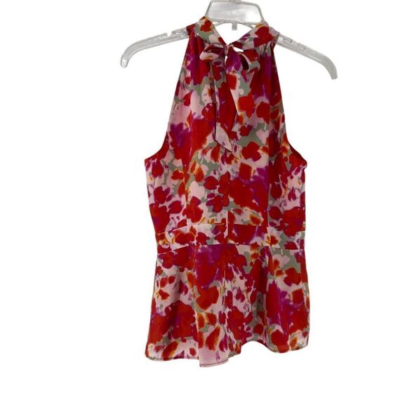 Beth Bowley Top Silk Floral Halter Womens Size 4 High Neck Bow Peplum Resort Red - Picture 7 of 9